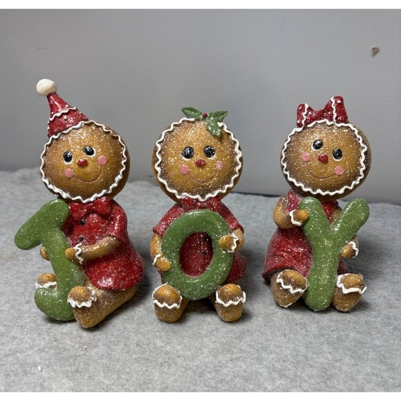 Set of 3 Gingerbread JOY Figurines Christmas Decor Holding Letters Holiday Glitt - Picture 6 of 11